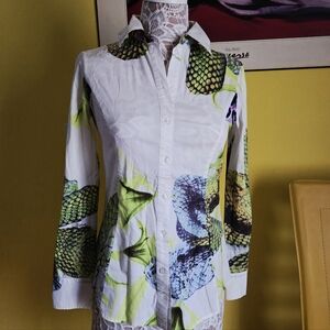Just Cavalli Green and White Snake Print Button Down Shirt